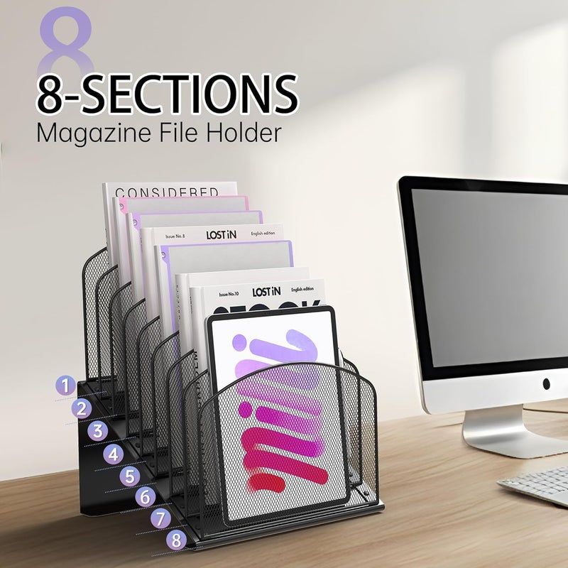 Sinboun Inclined Desk File Organizer Metal Desk Magazine Folder Holder with 8-Section Vertical Compartments Rack File Organizer for Office, Home, School, Black - Image 3